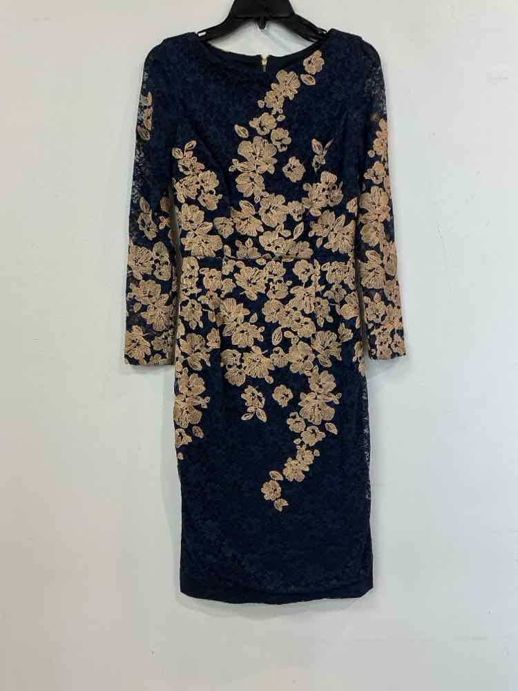 Xscape Size 8 Blue/gold Embroidered Detail Fancy Knee Length Long Sleeve Dress – Evilena's Red Dresser